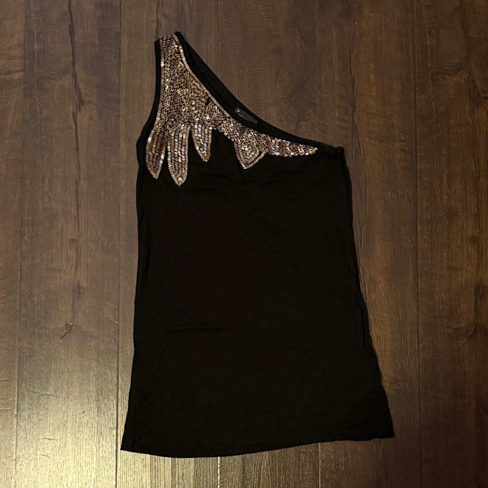 Forever 21 Black One-Shoulder Top with Gold Sequin Detail